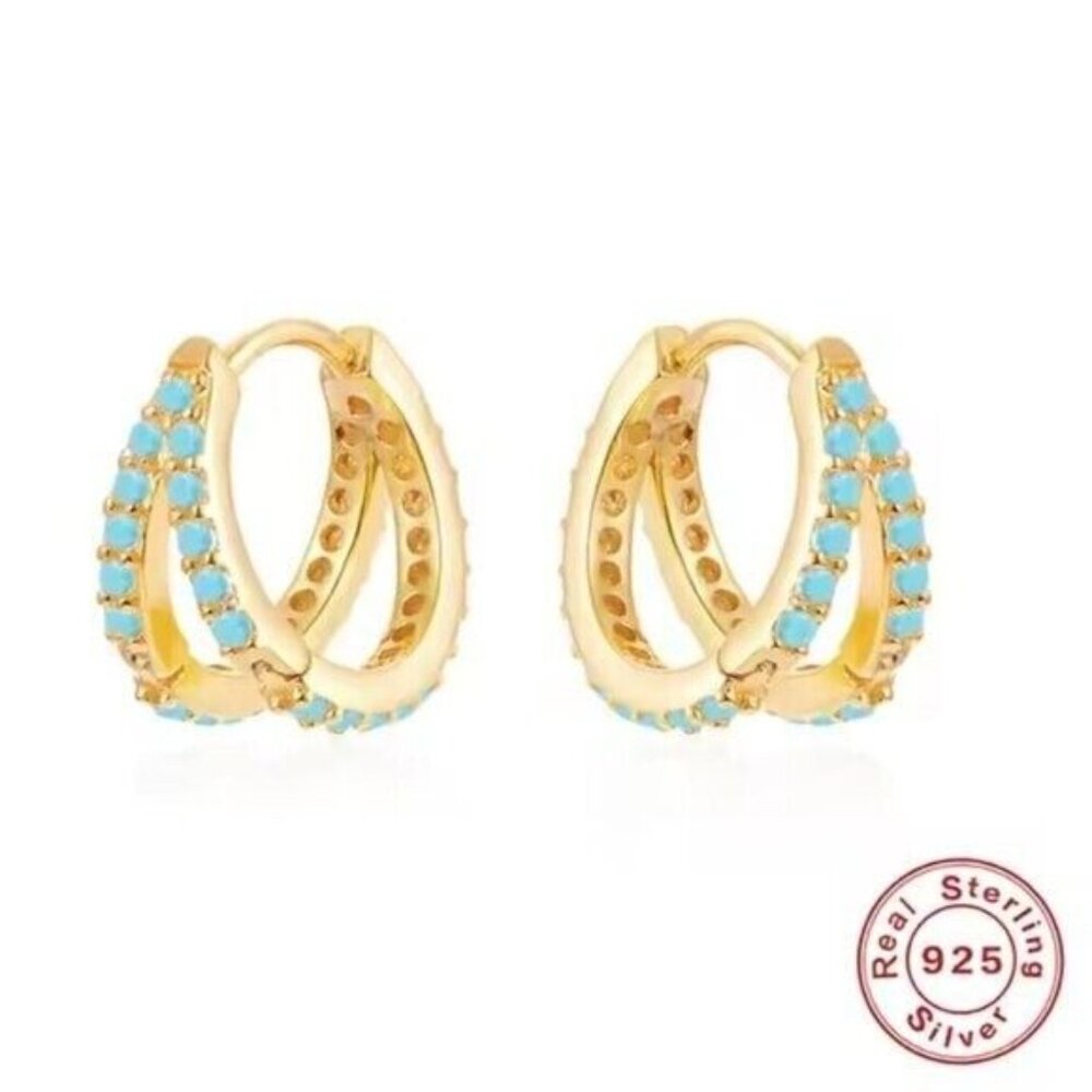 Dainty Double Huggies 18K Gold 925 Sterling Silver Double Turquoise Huggies CUTE - Picture 7 of 10